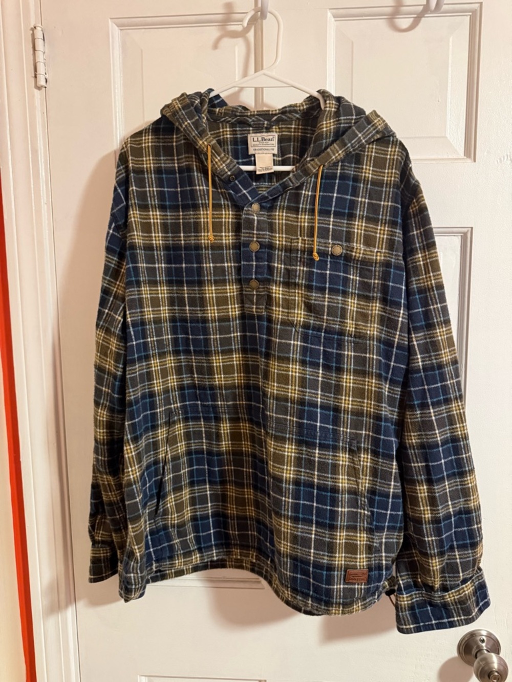 L.L. Bean Plaid Hooded Pullover - Navy, Olive, Cream